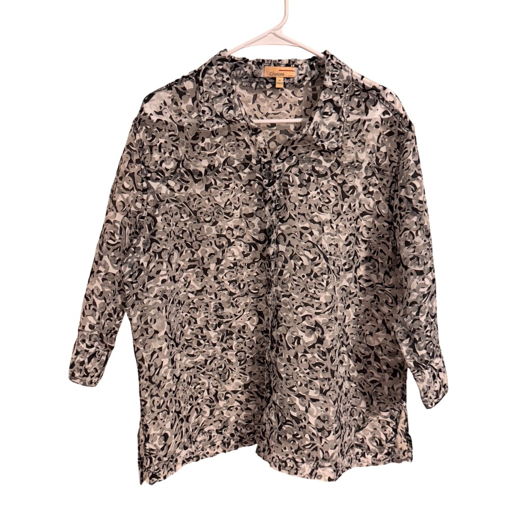 Choices Womens XL Grey Black Abstract Swirl Mesh Button Up 3/4 Sleeve Blouse